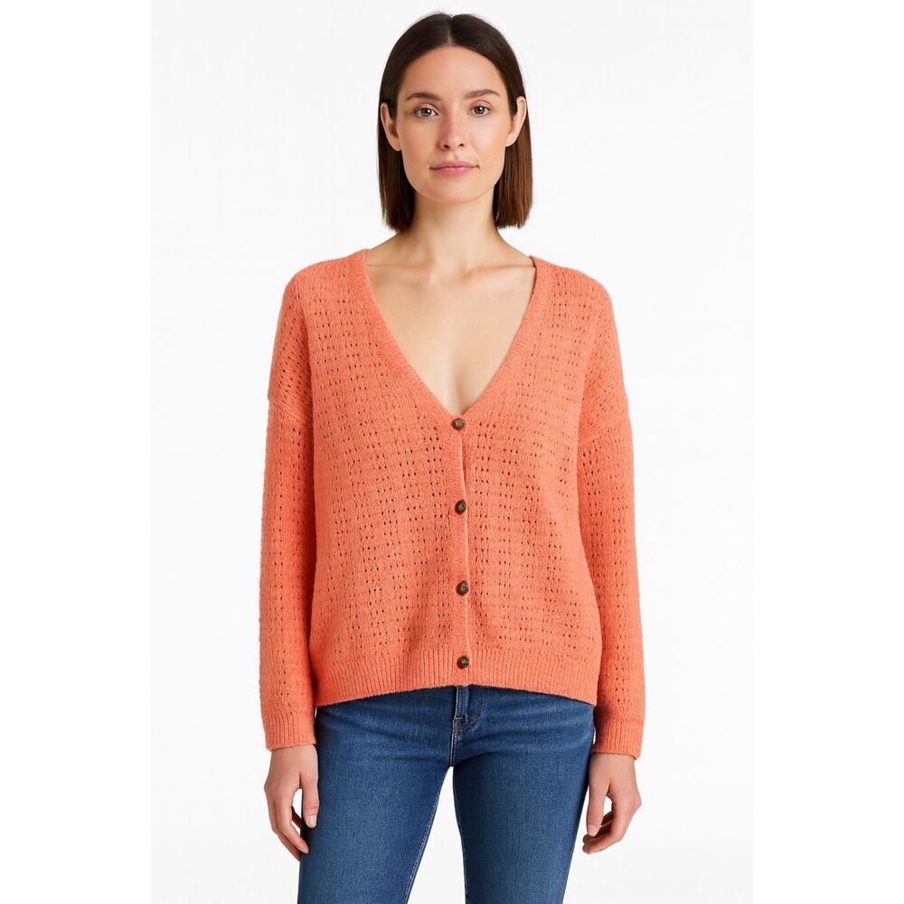 Madewell Button Front Open Stitch Cardigan Coral S